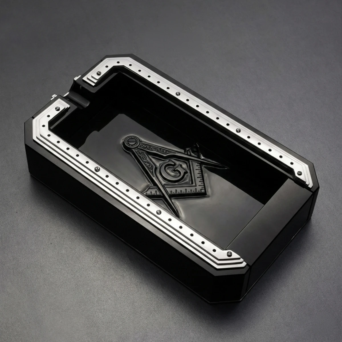 Bespoke obsidian ashtray — The Square and Compasses, custom commission