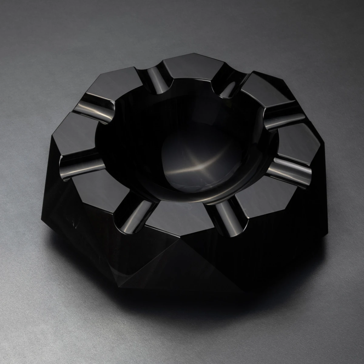Bristol faceted Jet Black obsidian cigar ashtray — gemstone-cut exterior