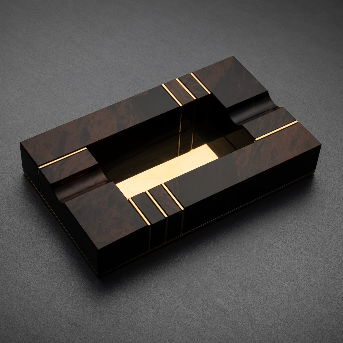 Brown & Gold obsidian cigar ashtray — Brown Burl obsidian with 24K gold inlay