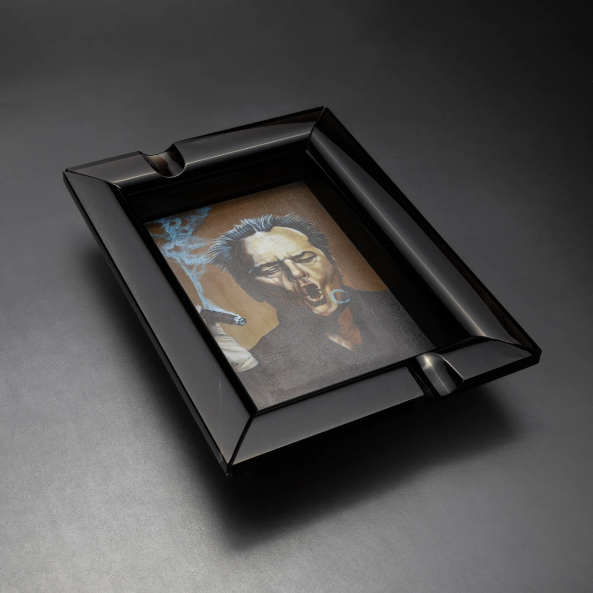 Imprint Obsidian cigar ashtray — example 1, custom artwork on volcanic stone