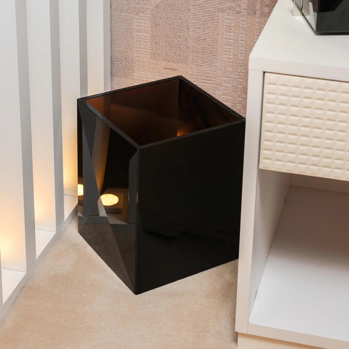 Obsidian paperwaste bin — bespoke volcanic stone desk accessory